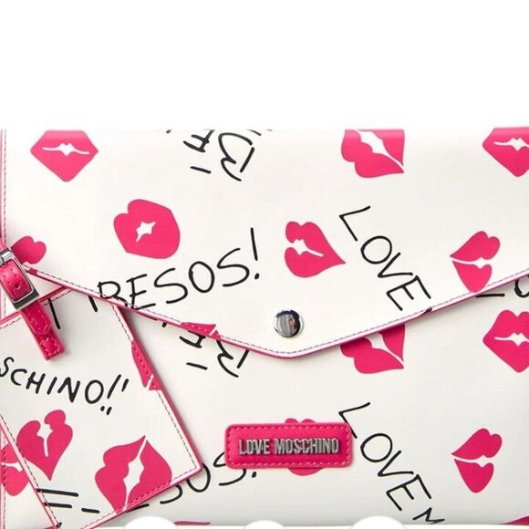 Love Moschino Kisses Clutch w/ID Tag & Card Wallet- White/Pink